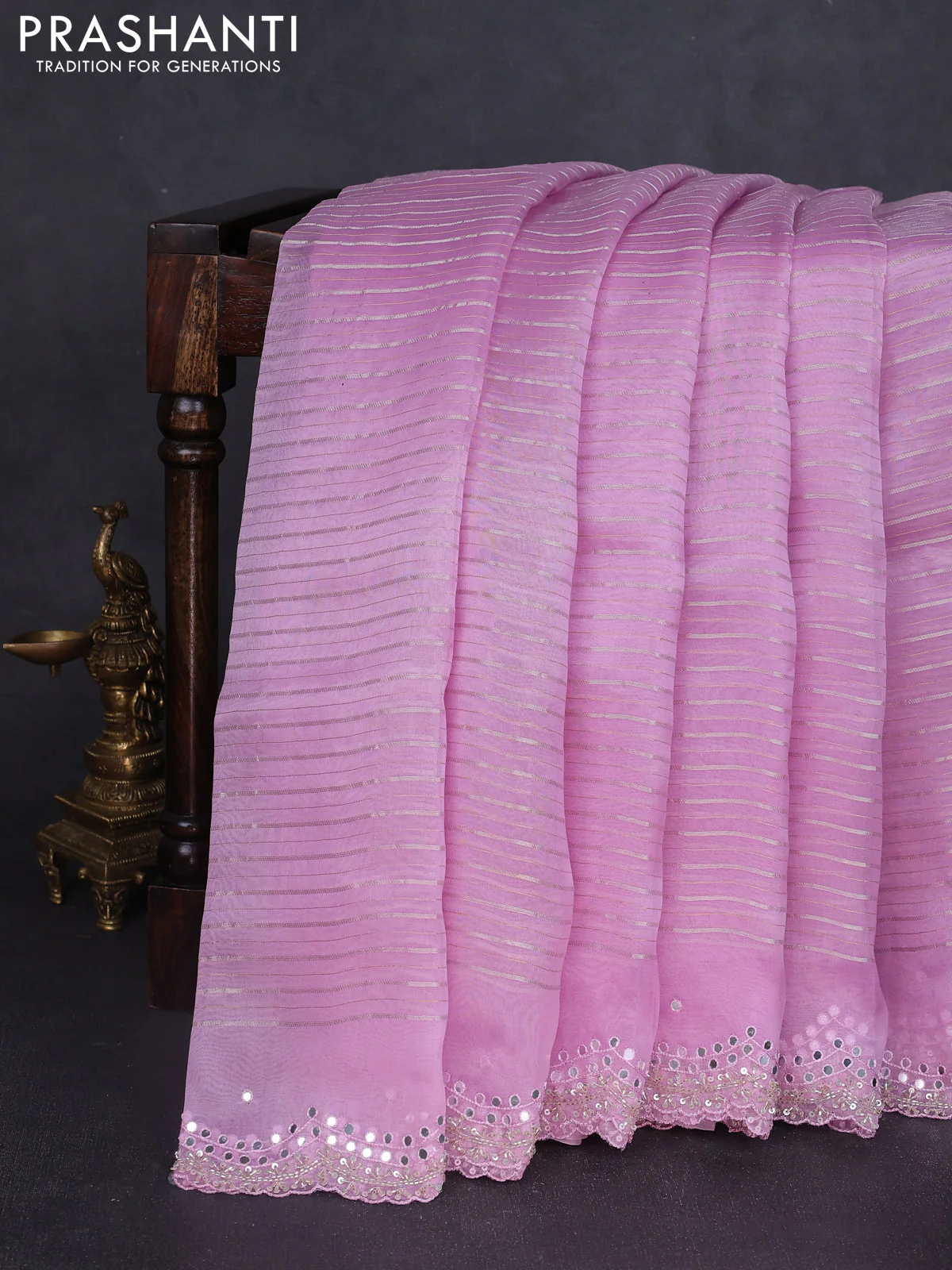 Pure organza silk saree mild lavender with allover zari weaves and sequin mirror work border