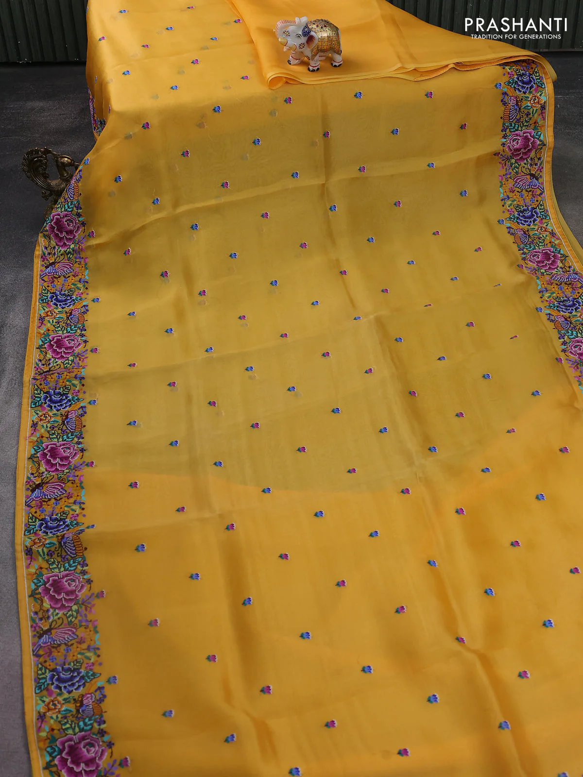Pure organza silk saree mustard yellow with embroidery buttas and convent embroidery border - Image 2