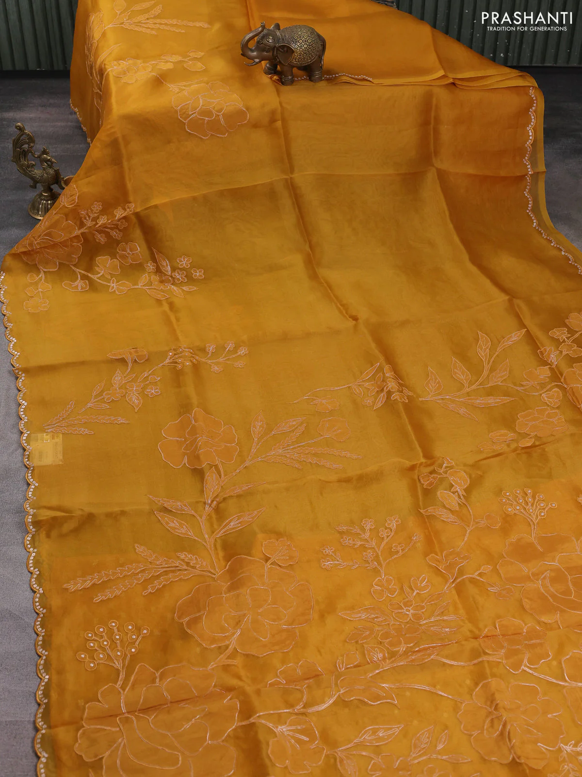 Pure organza silk saree mustard yellow with floral embroidery & pita work - Image 2