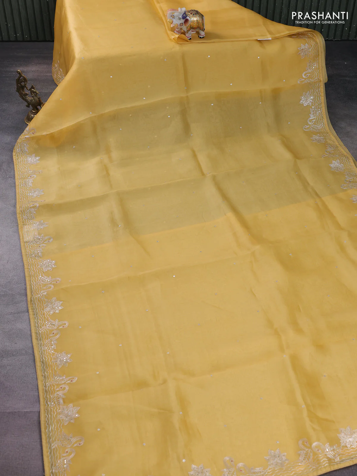 Pure organza silk saree mustard yellow with sequin work and zari woven border - Image 2