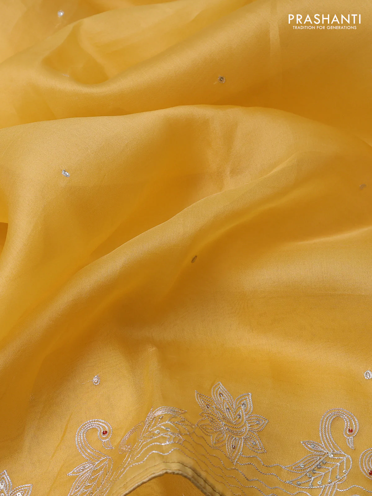 Pure organza silk saree mustard yellow with sequin work and zari woven border - Image 3