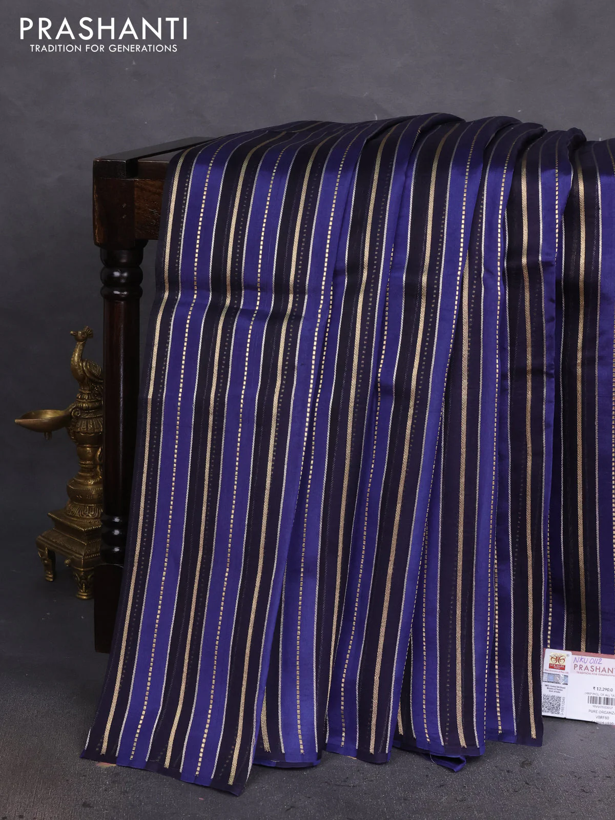 Pure organza silk saree navy blue and blue with allover zari woven stripes pattern in borderless style