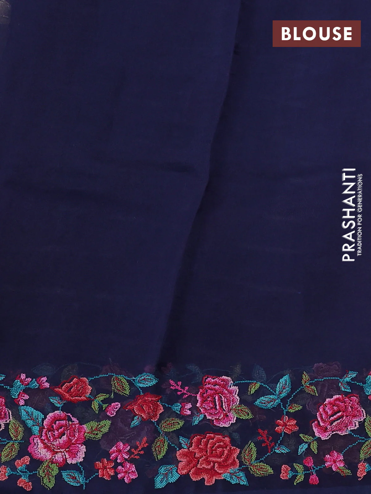 Pure organza silk saree navy blue with allover zari weaves and floral embroidery border - Image 3