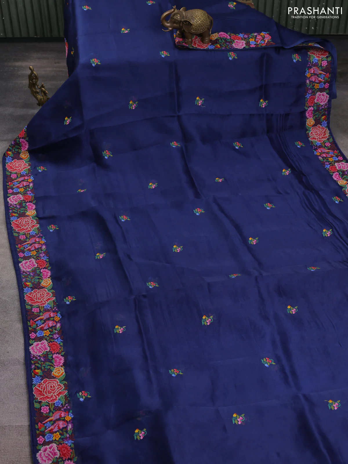 Pure organza silk saree navy blue with embroidery buttas and floral embroidery border - Image 2