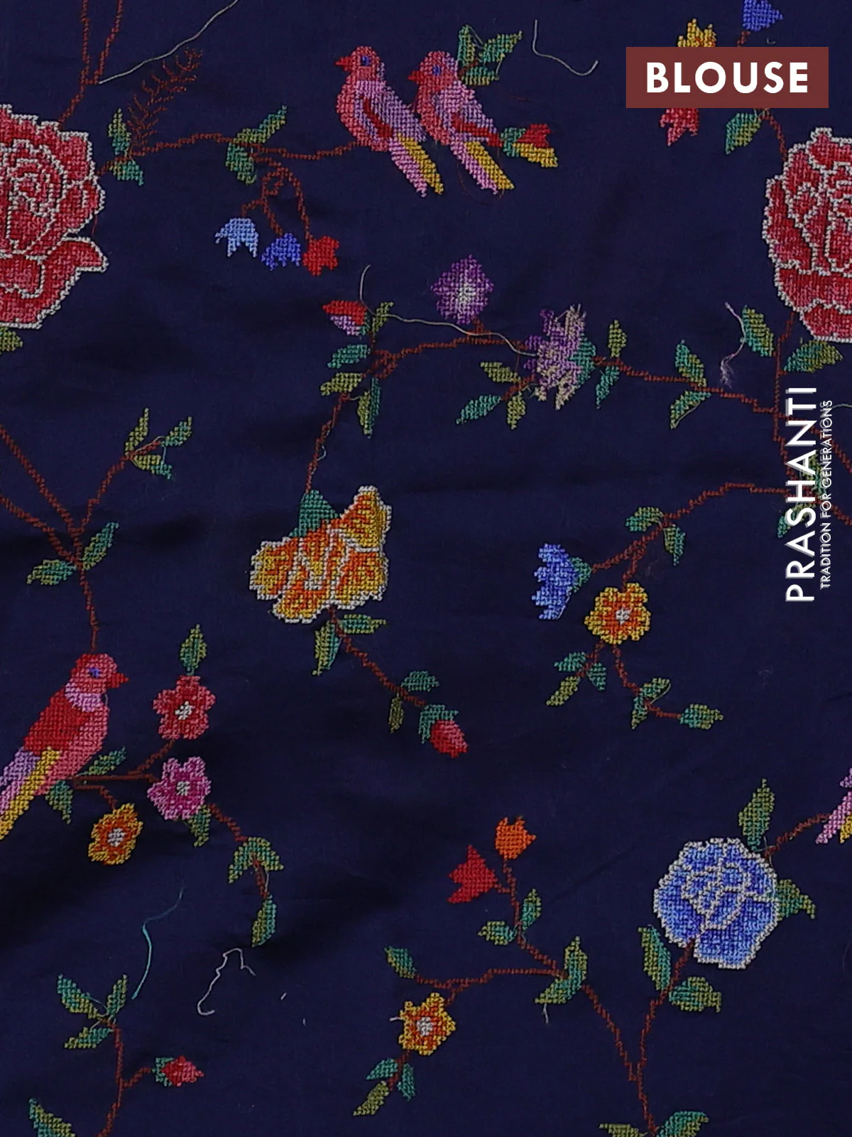 Pure organza silk saree navy blue with embroidery buttas and floral embroidery border - Image 3