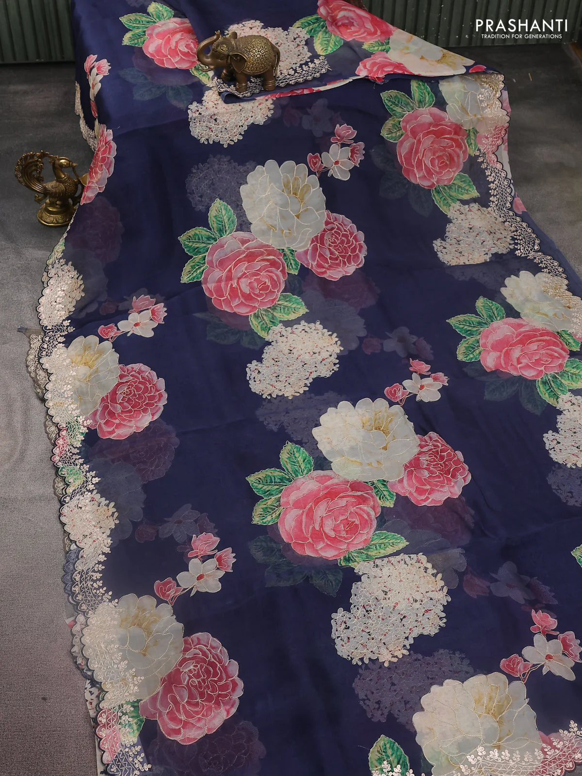 Pure organza silk saree navy blue with floral digital prints & pita work and pita work border - Image 2