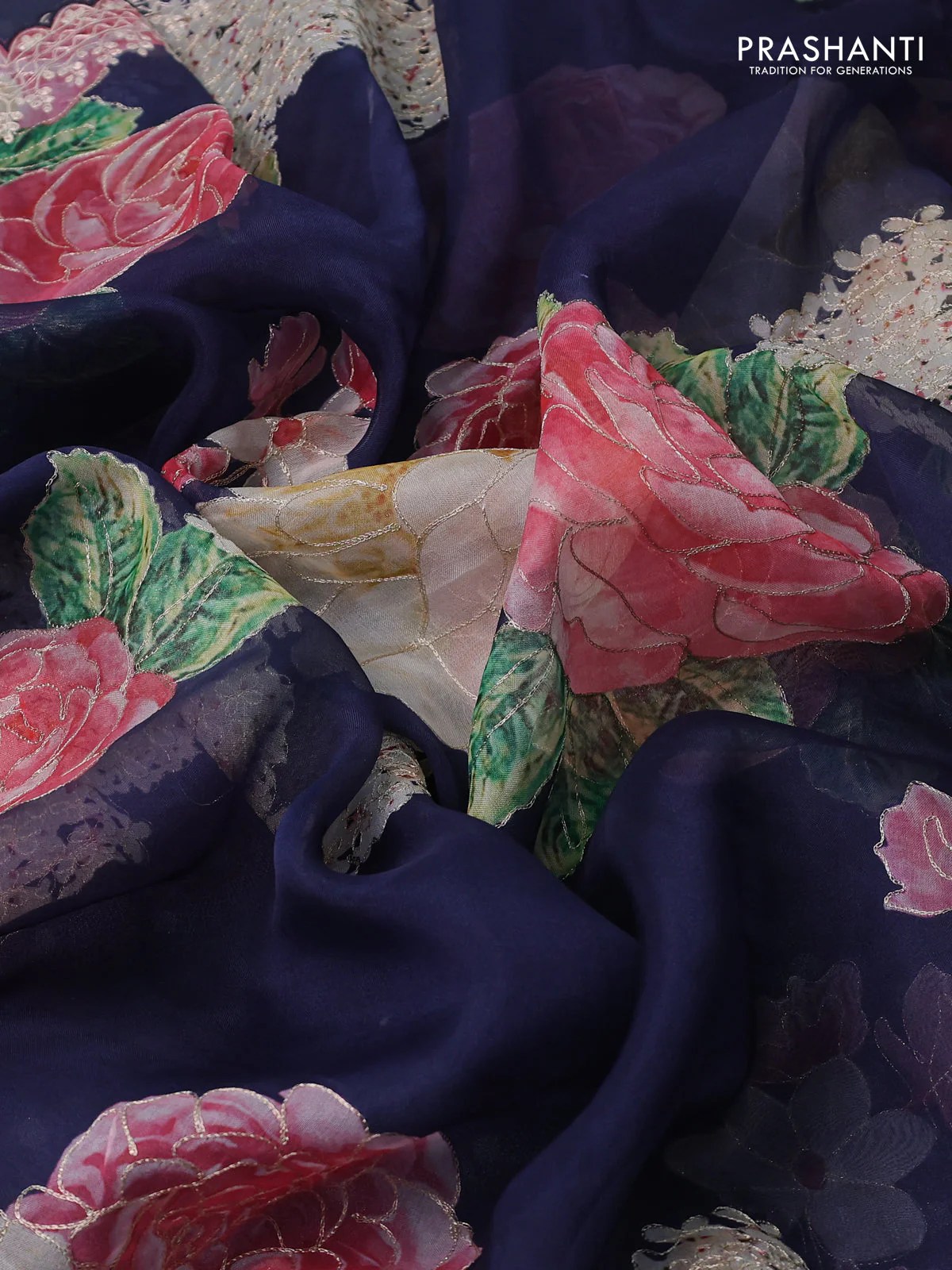 Pure organza silk saree navy blue with floral digital prints & pita work and pita work border - Image 3