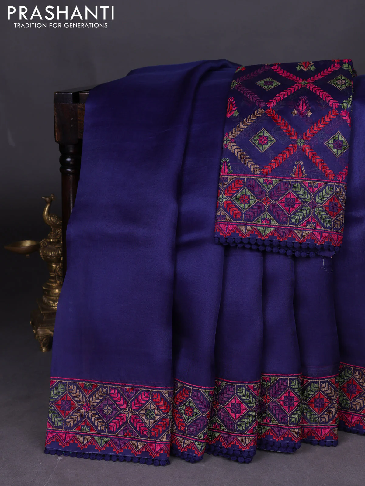 Pure organza silk saree navy blue with plain body and embroidery work border