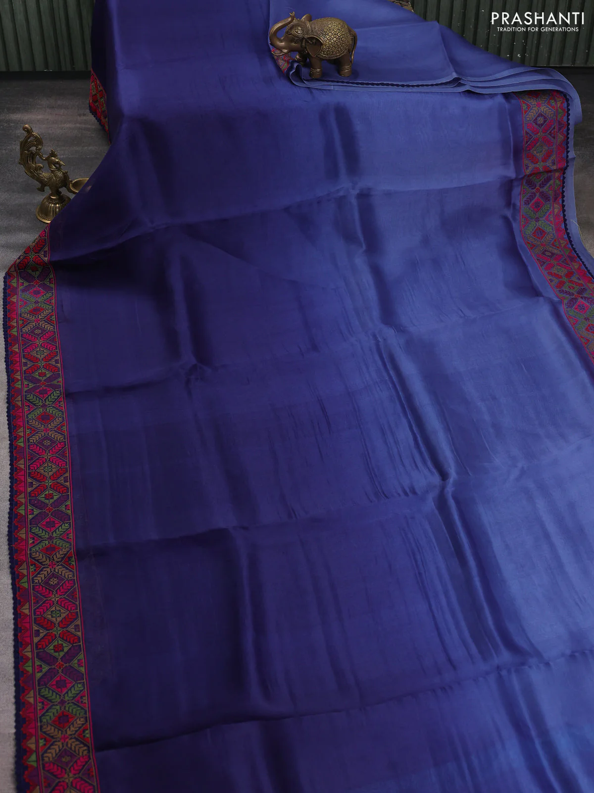Pure organza silk saree navy blue with plain body and embroidery work border - Image 2