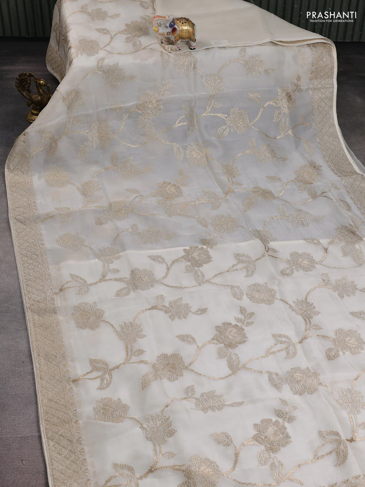 Pure organza silk saree off white with allover embroidery work and embroidered border - Image 2