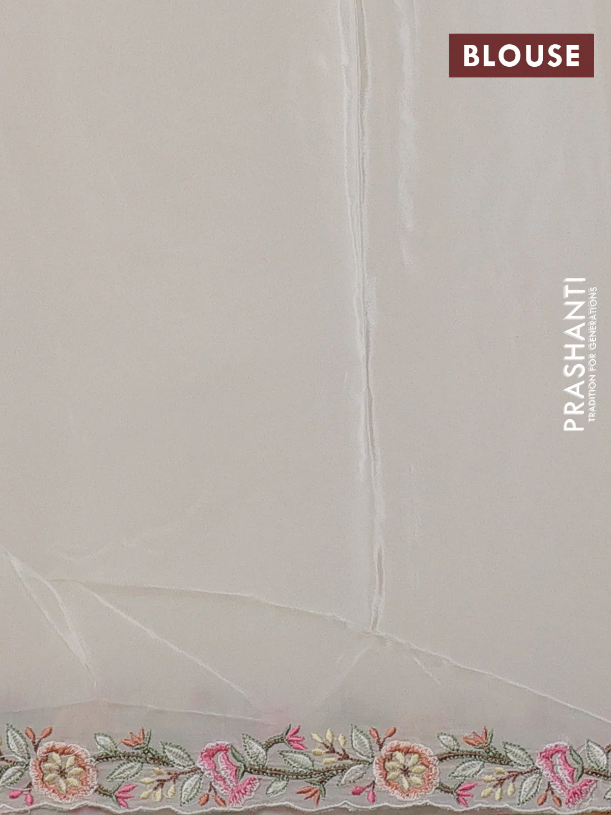 Pure organza silk saree off white with allover embroidery work and floral embroidery border - Image 3