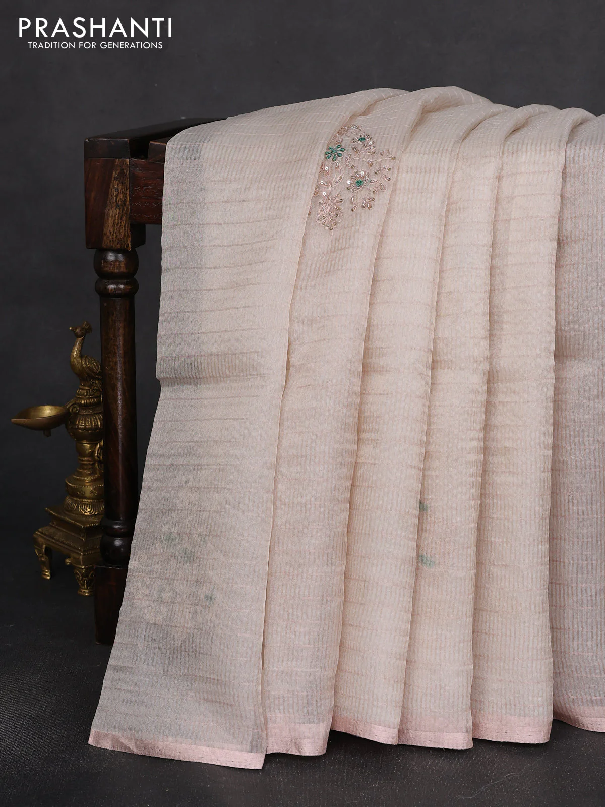 Pure organza silk saree off white with allover zari stripe pattern & zardosi work and zari woven piping border