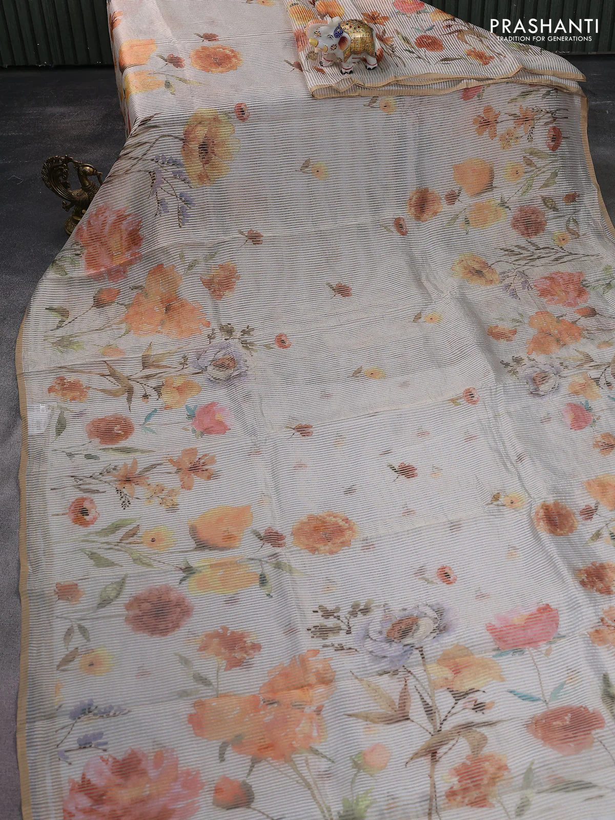 Pure organza silk saree off white with floral digital prints & zari stripe pattern and zari woven piping border - Image 2