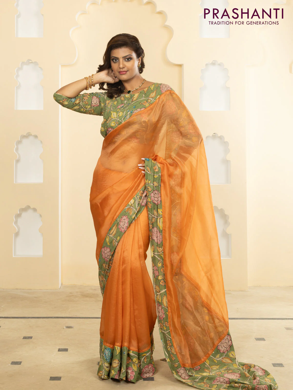 Pure organza silk saree orange and pastel green with plain body and kalamkari printed pita work border - Image 4