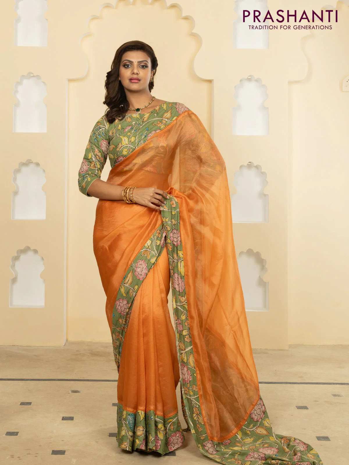 Pure organza silk saree orange and pastel green with plain body and kalamkari printed pita work border - Image 5