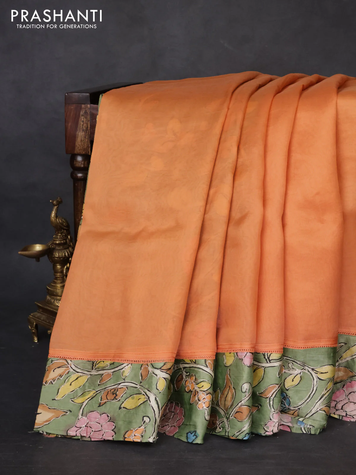 Pure organza silk saree orange and pastel green with plain body and kalamkari printed pita work border - Image 6