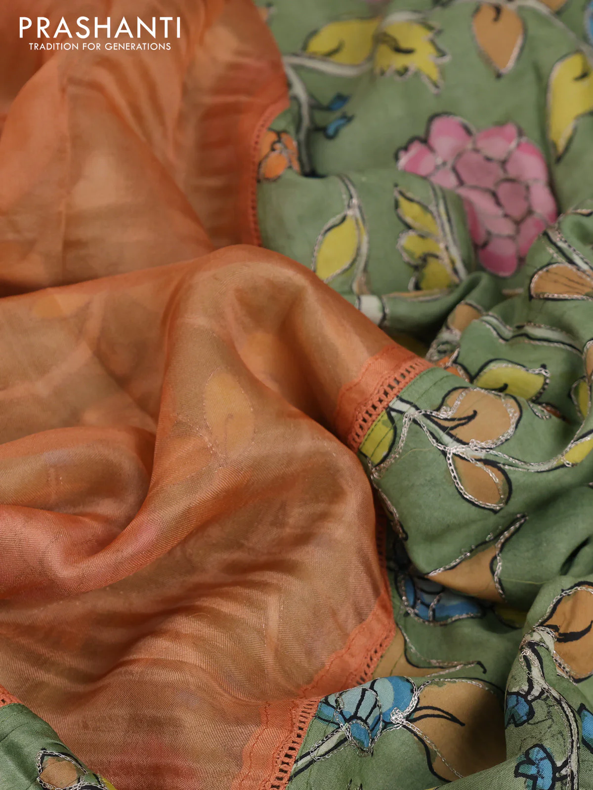 Pure organza silk saree orange and pastel green with plain body and kalamkari printed pita work border - Image 8