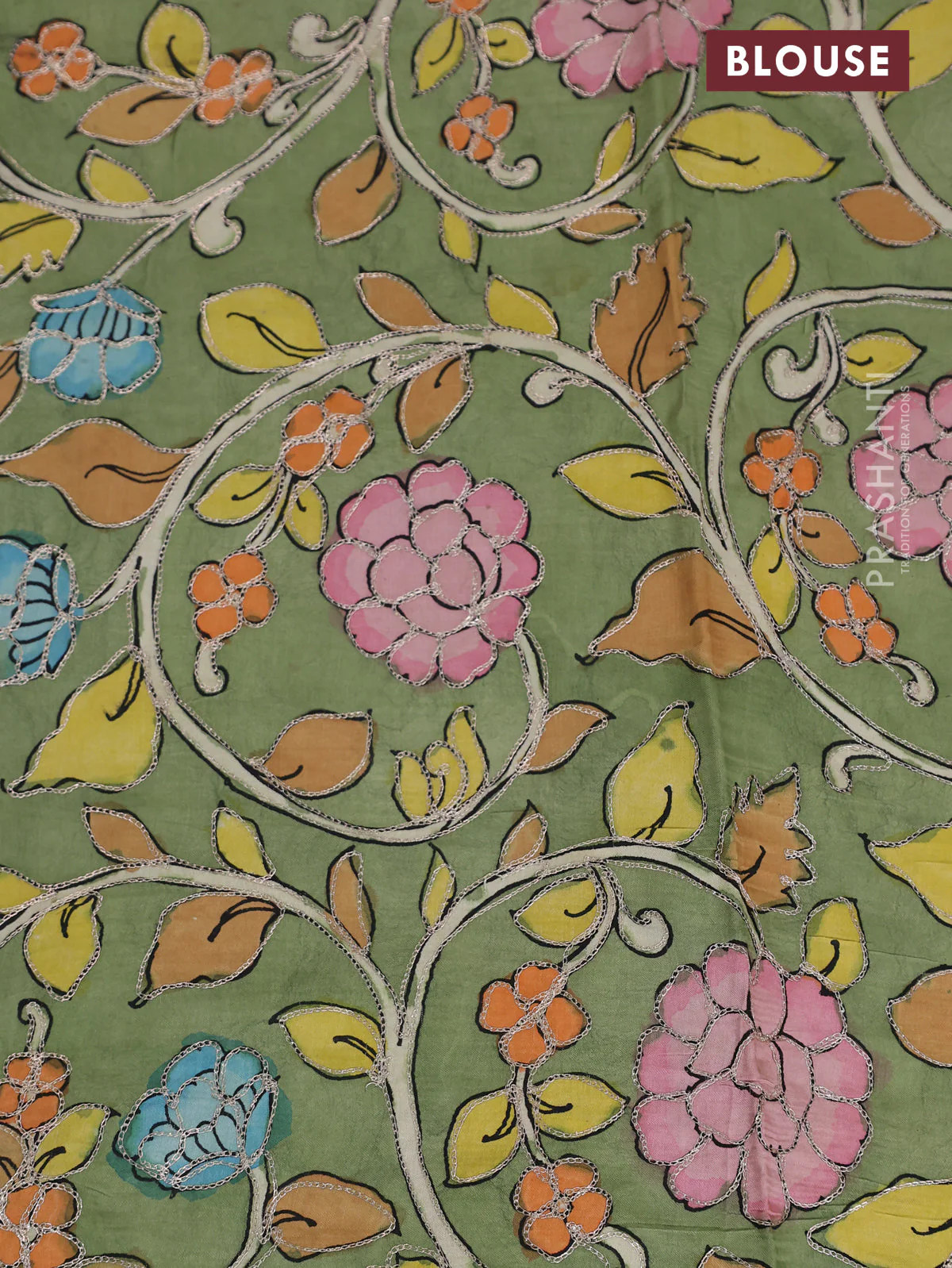 Pure organza silk saree orange and pastel green with plain body and kalamkari printed pita work border - Image 9