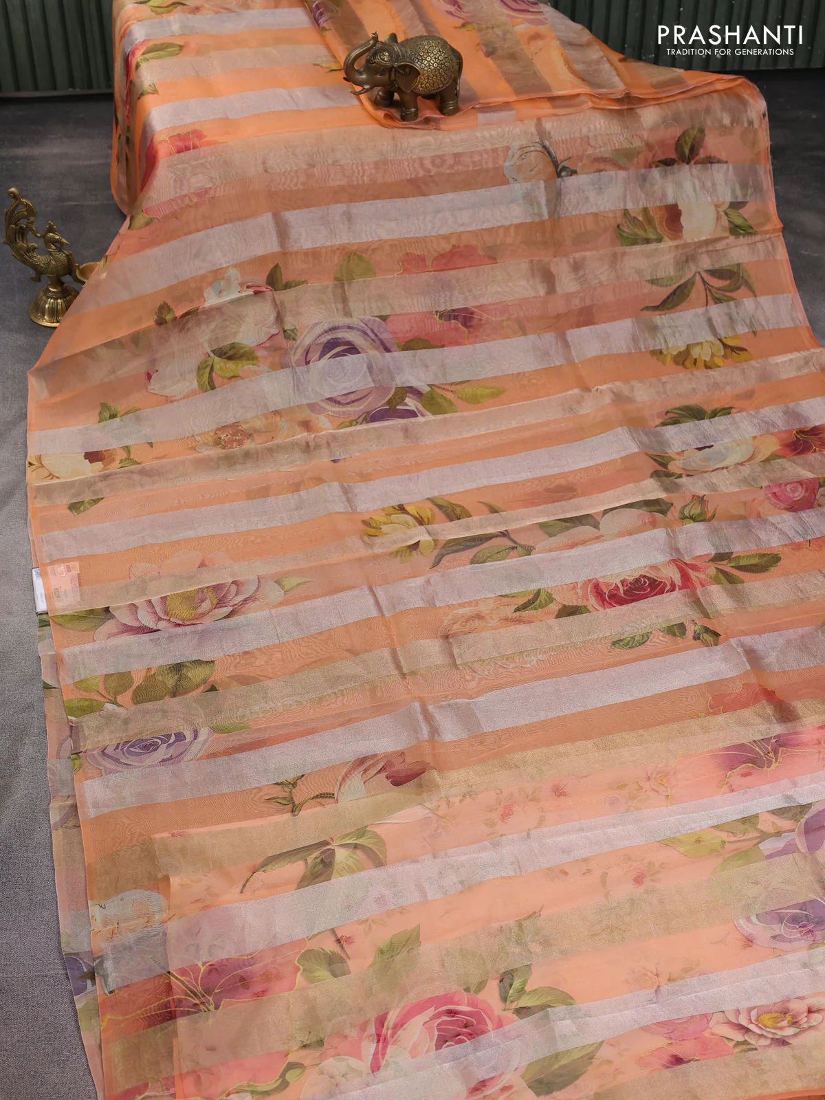 Pure organza silk saree orange with allover floral digital prints & zari stripe pattern in borderless style - Image 2