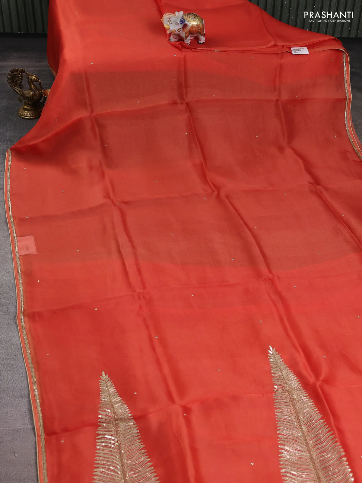 Pure organza silk saree orange with embroidery zari buttas and sequin embroidered border - Image 2
