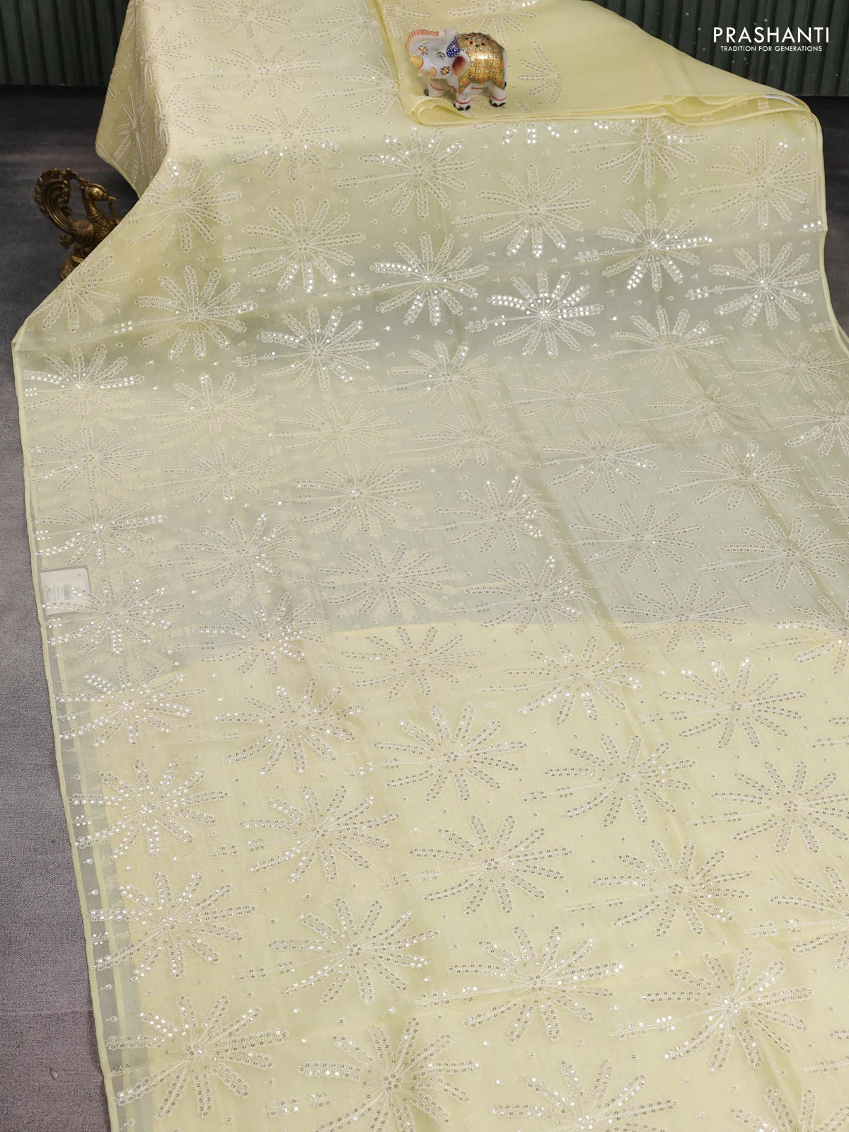 Pure organza silk saree pale yellow with allover sequin work in borderless style - Image 2