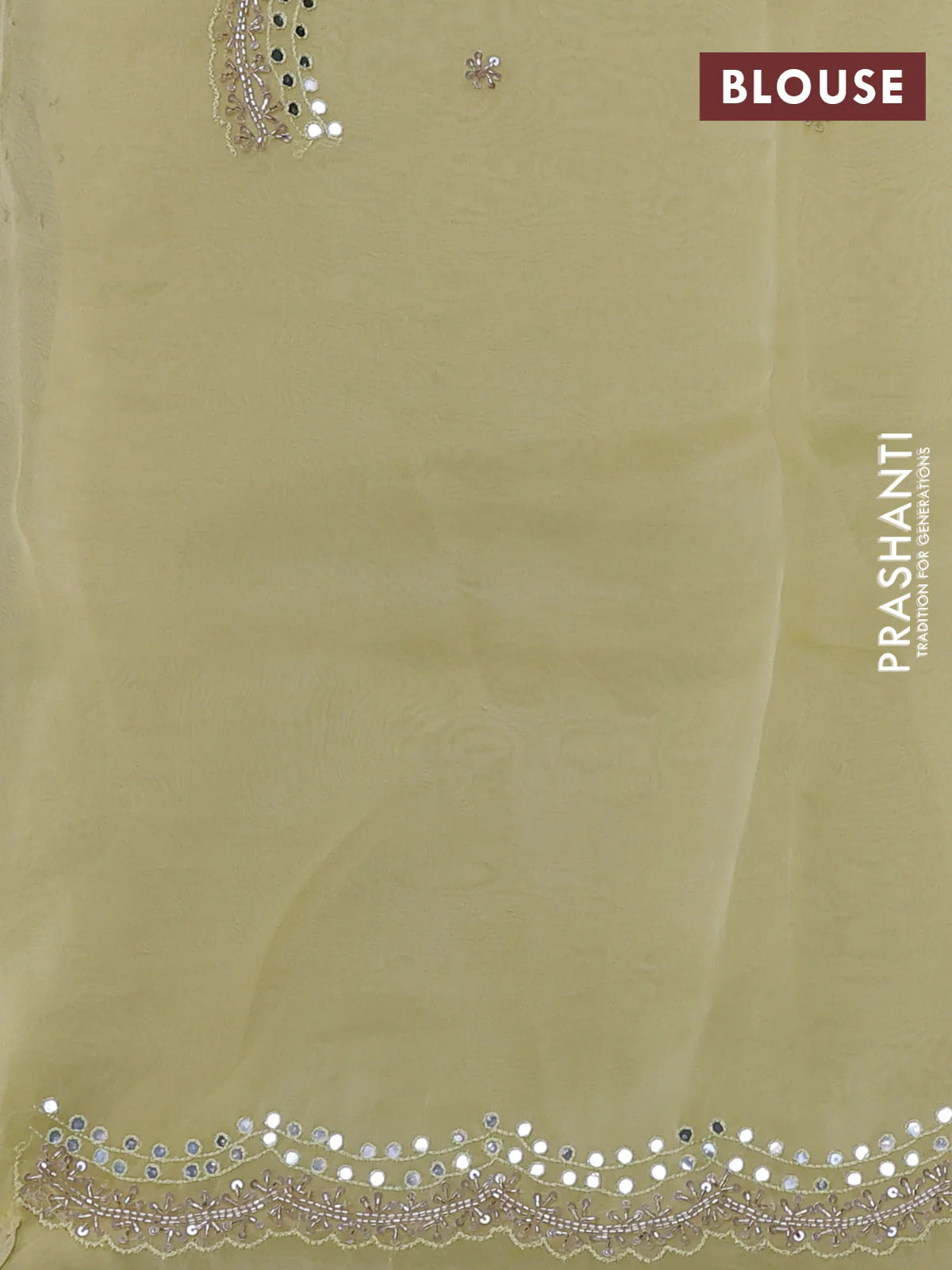 Pure organza silk saree pale yellow with allover zari weaves and sequin mirror work border - Image 3