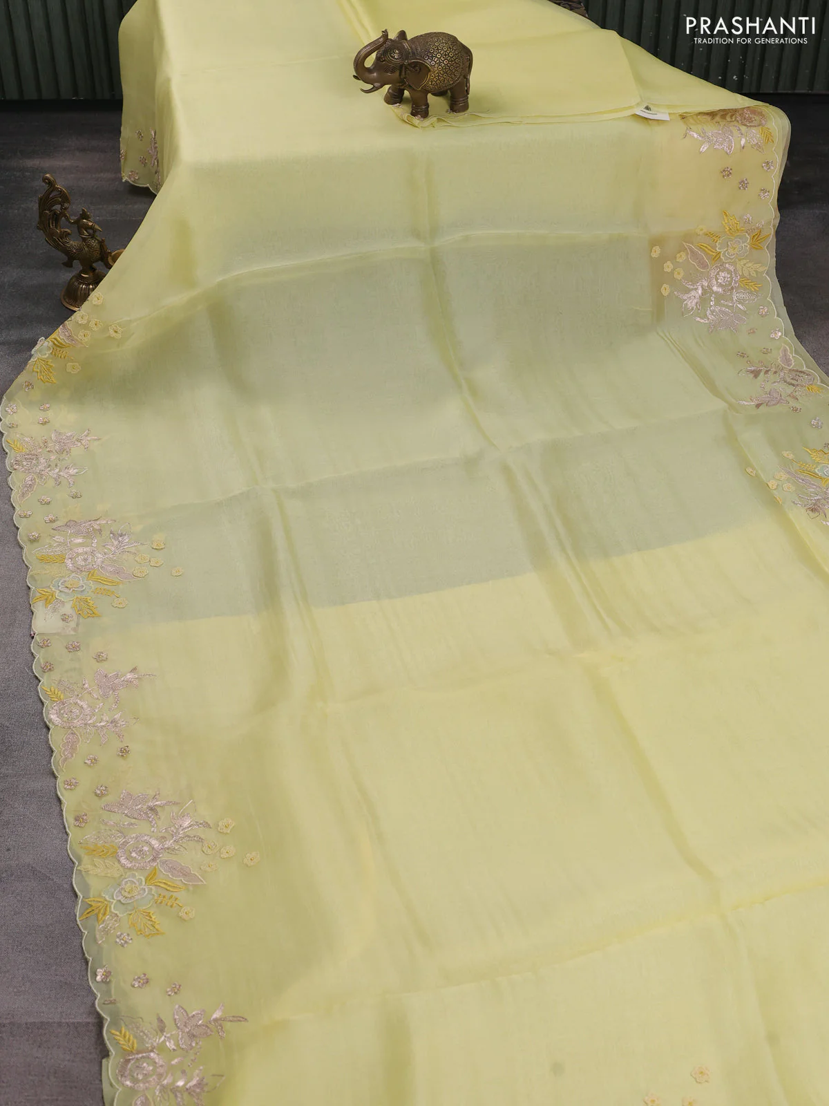 Pure organza silk saree pale yellow with plain body and embroidery border - Image 2