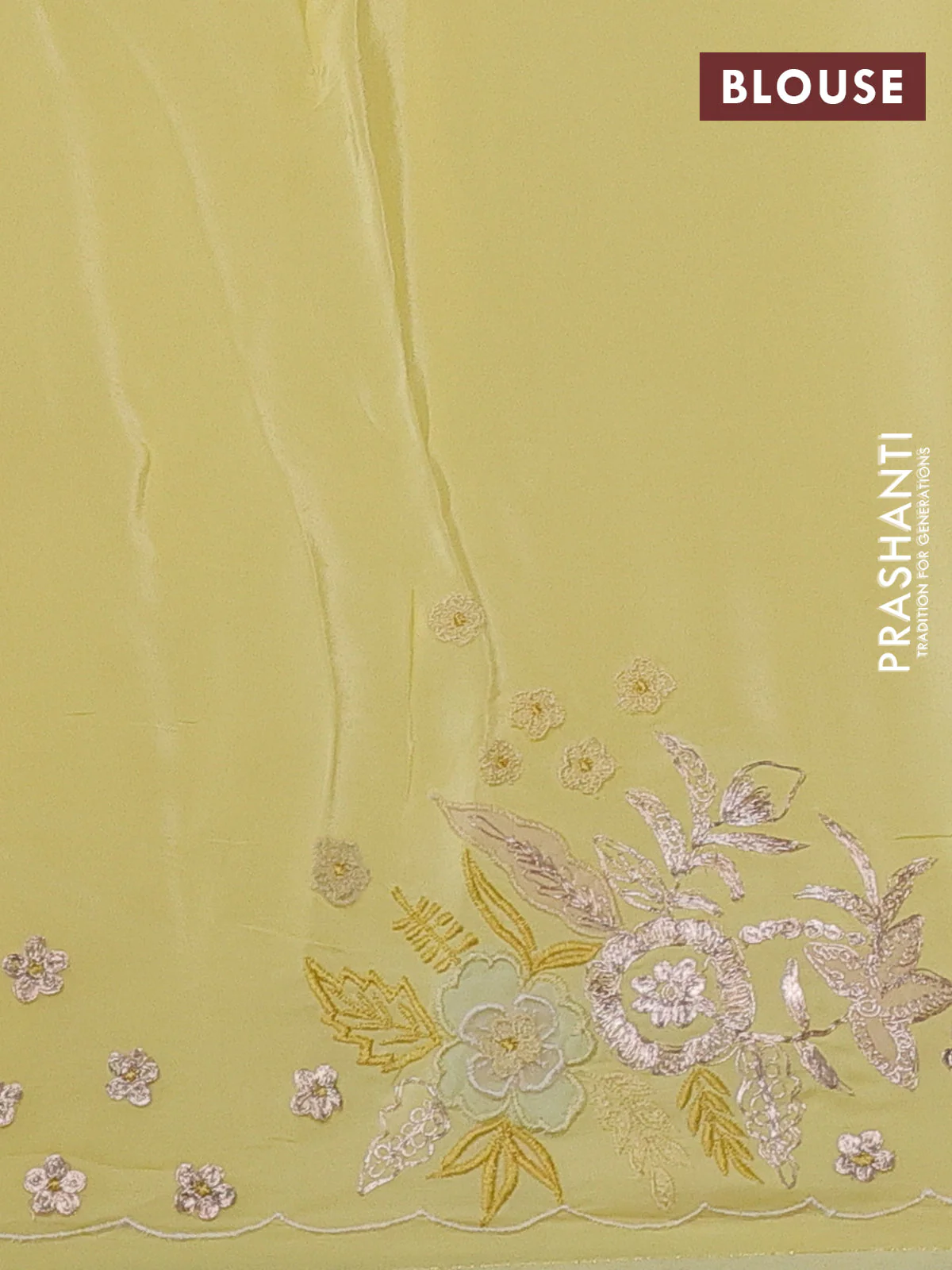 Pure organza silk saree pale yellow with plain body and embroidery border - Image 3