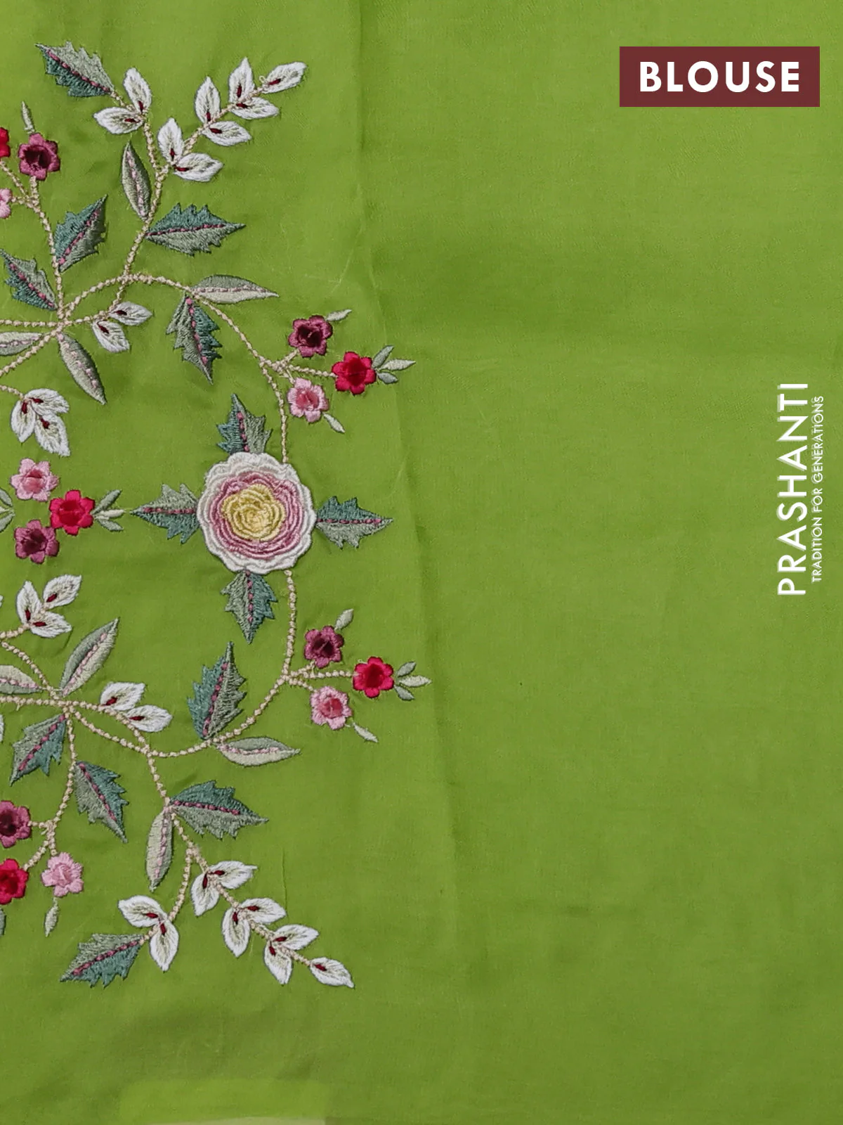 Pure organza silk saree parrot green with plain body and floral embroidery border - Image 3