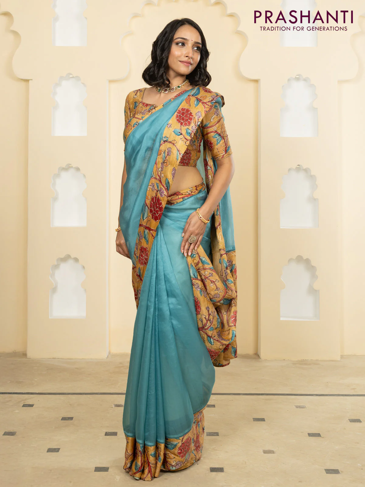 Pure organza silk saree pastel blue and sandal with plain body and kalamkari printed pita work border - Image 2