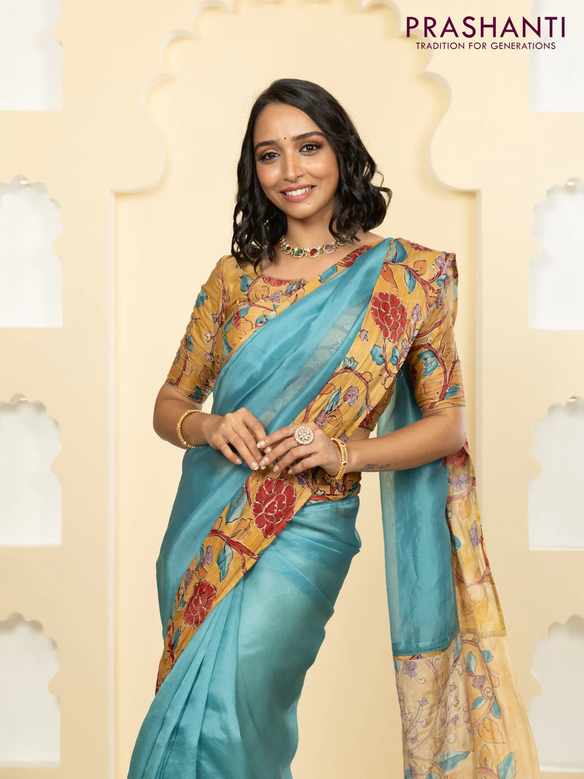 Pure organza silk saree pastel blue and sandal with plain body and kalamkari printed pita work border - Image 4