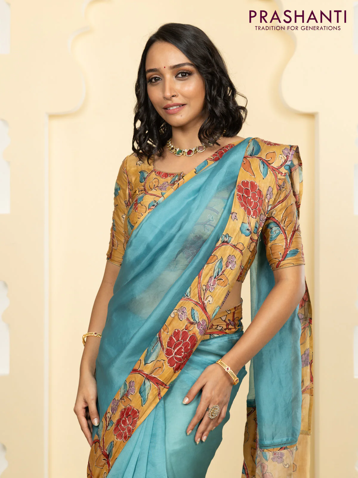 Pure organza silk saree pastel blue and sandal with plain body and kalamkari printed pita work border - Image 5