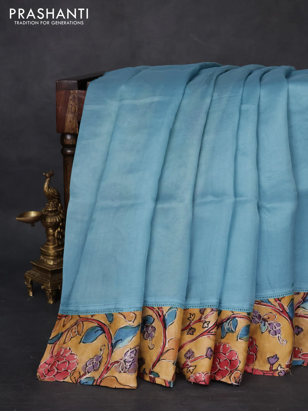 Pure organza silk saree pastel blue and sandal with plain body and kalamkari printed pita work border - Image 6