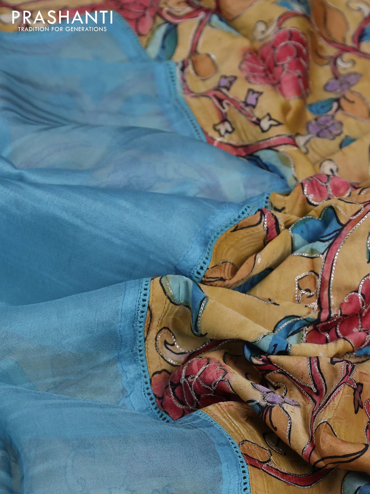 Pure organza silk saree pastel blue and sandal with plain body and kalamkari printed pita work border - Image 8