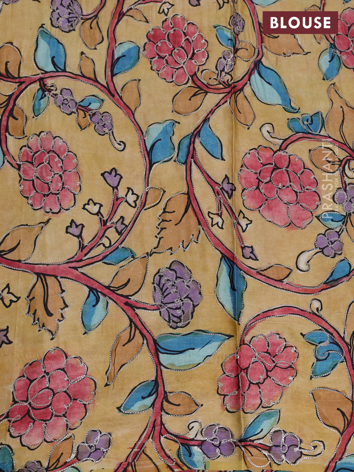 Pure organza silk saree pastel blue and sandal with plain body and kalamkari printed pita work border - Image 9