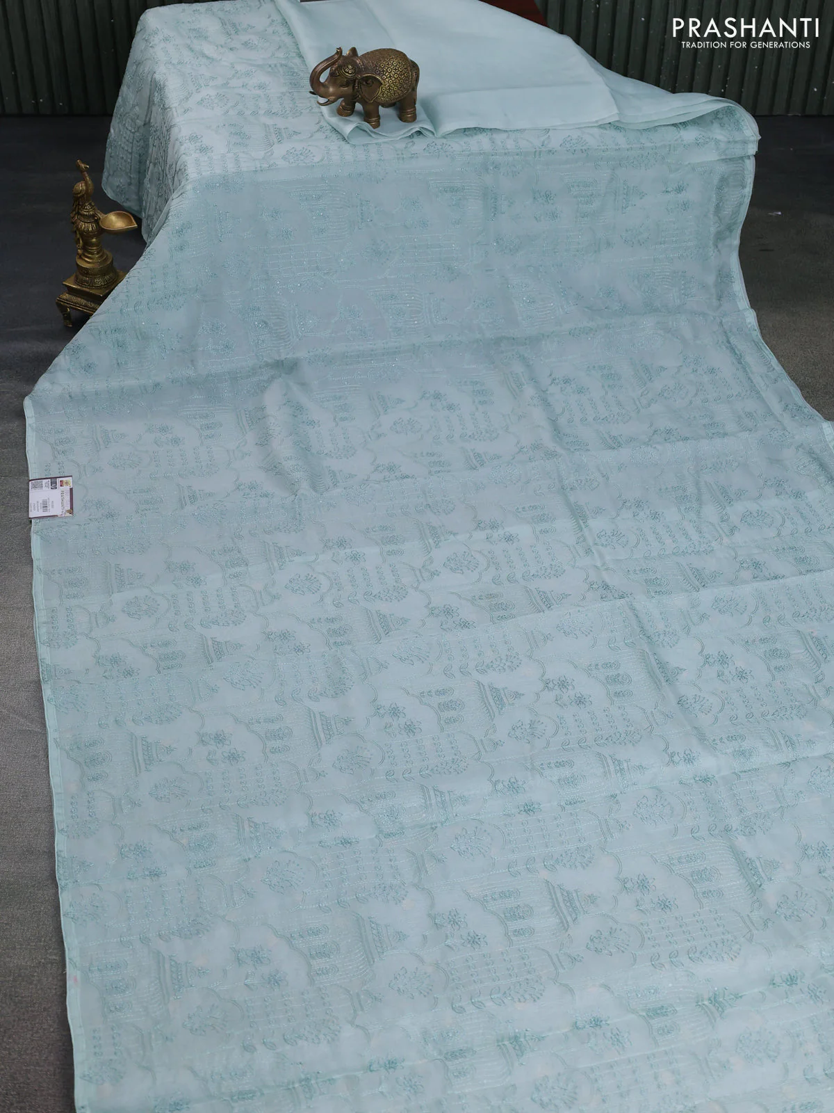 Pure organza silk saree pastel blue with allover embroidery in borderless style - Image 2