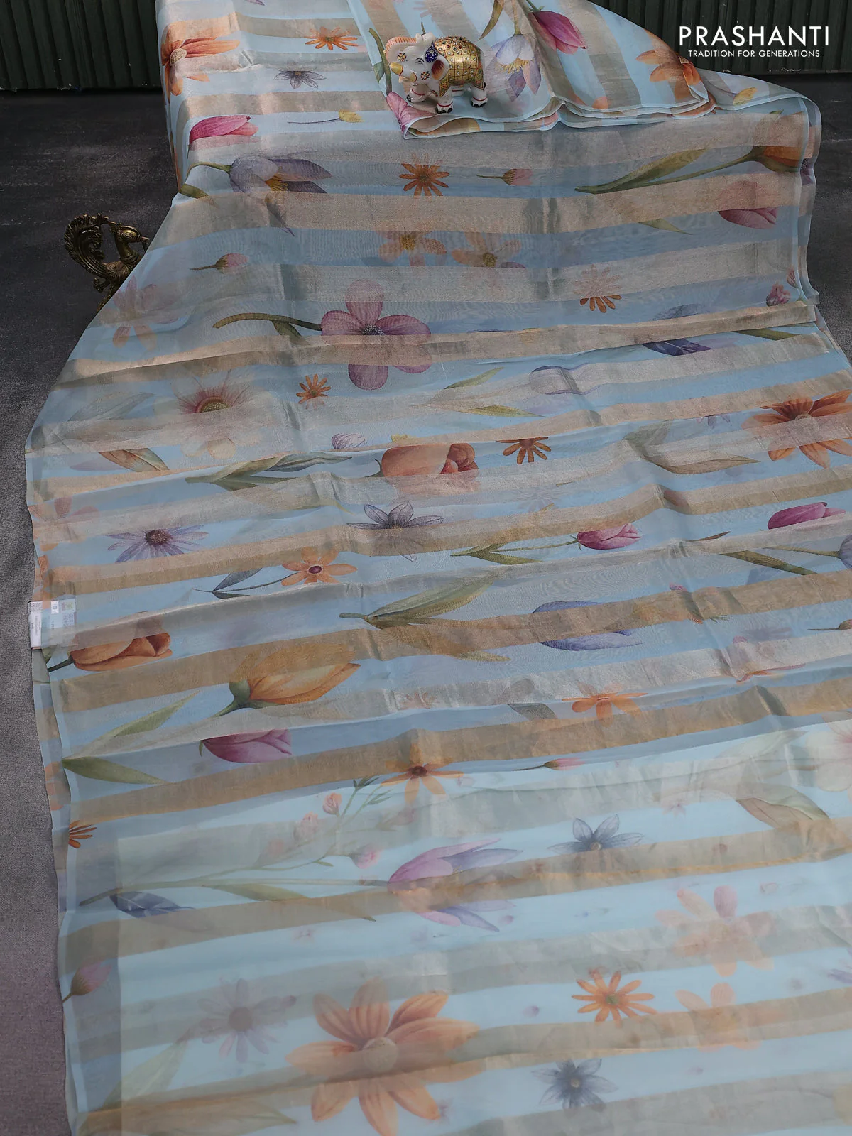 Pure organza silk saree pastel blue with allover floral digital prints & zari stripe pattern in borderless style - Image 2