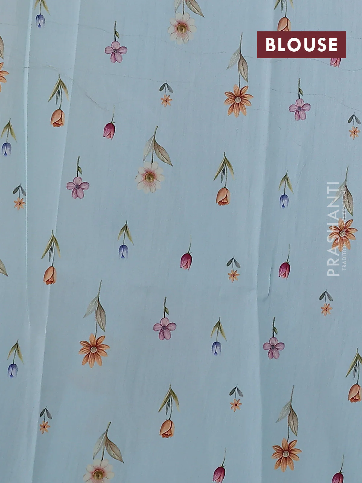 Pure organza silk saree pastel blue with allover floral digital prints & zari stripe pattern in borderless style - Image 3