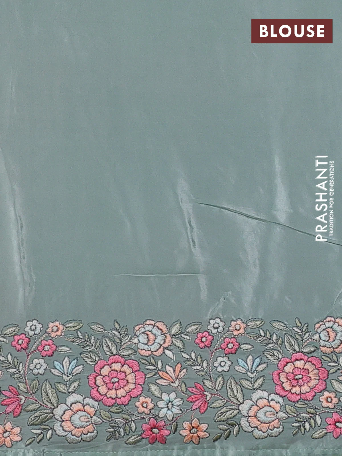 Pure organza silk saree pastel green with allover embroidery work and floral embroidery border - Image 5