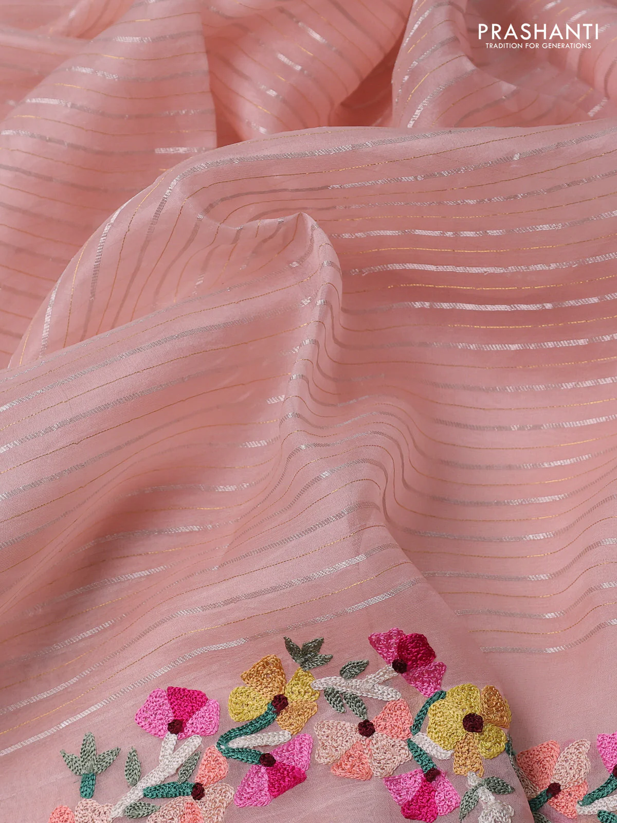 Pure organza silk saree pastel peach with allover silver & gold zari weaves and floral design embroidery border - Image 3