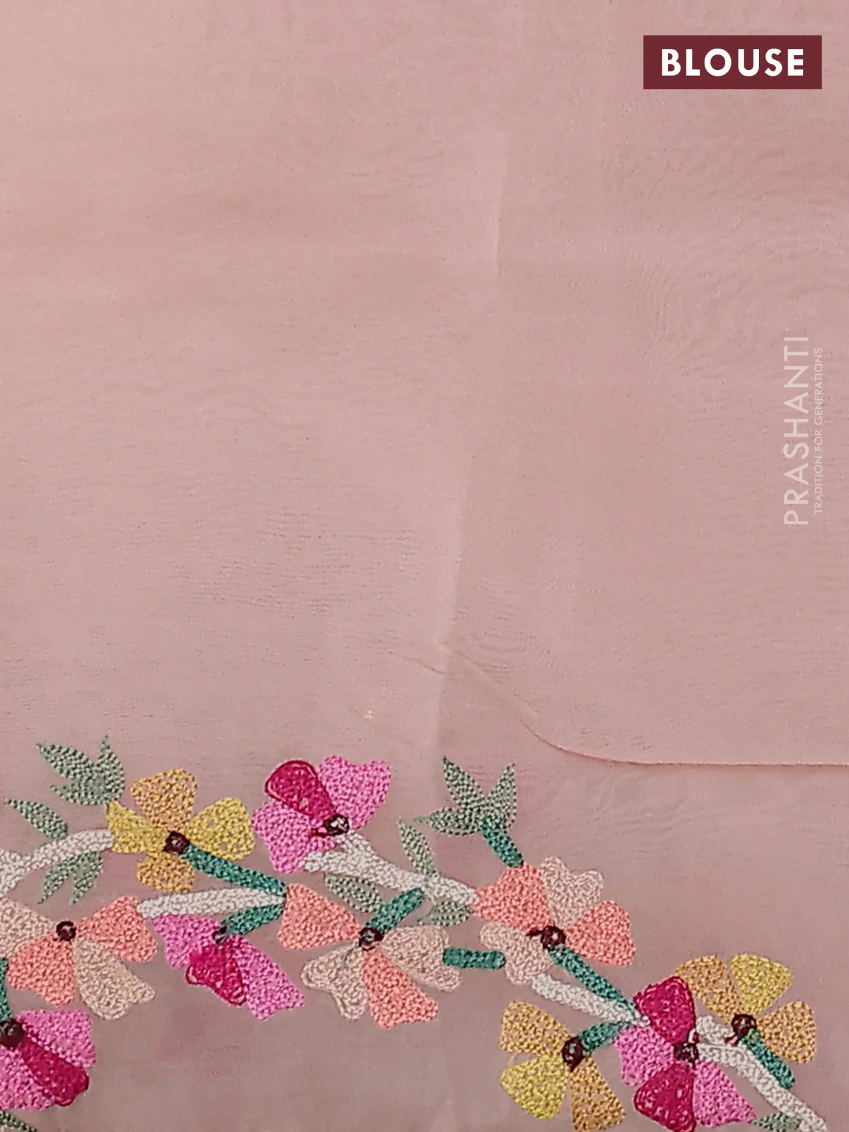 Pure organza silk saree pastel peach with allover silver & gold zari weaves and floral design embroidery border - Image 4