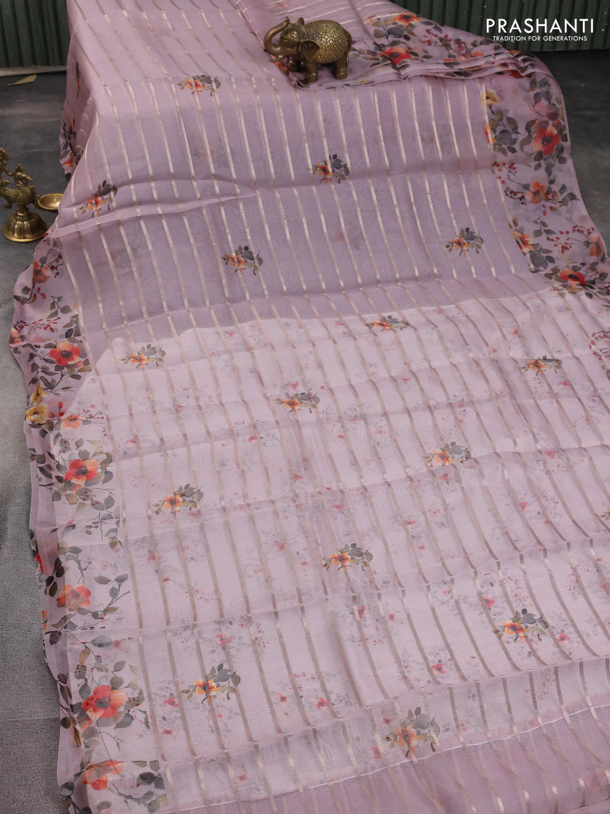 Pure organza silk saree pastel pink with allover zari strip & floral digital prints and floral digital printed border - Image 2