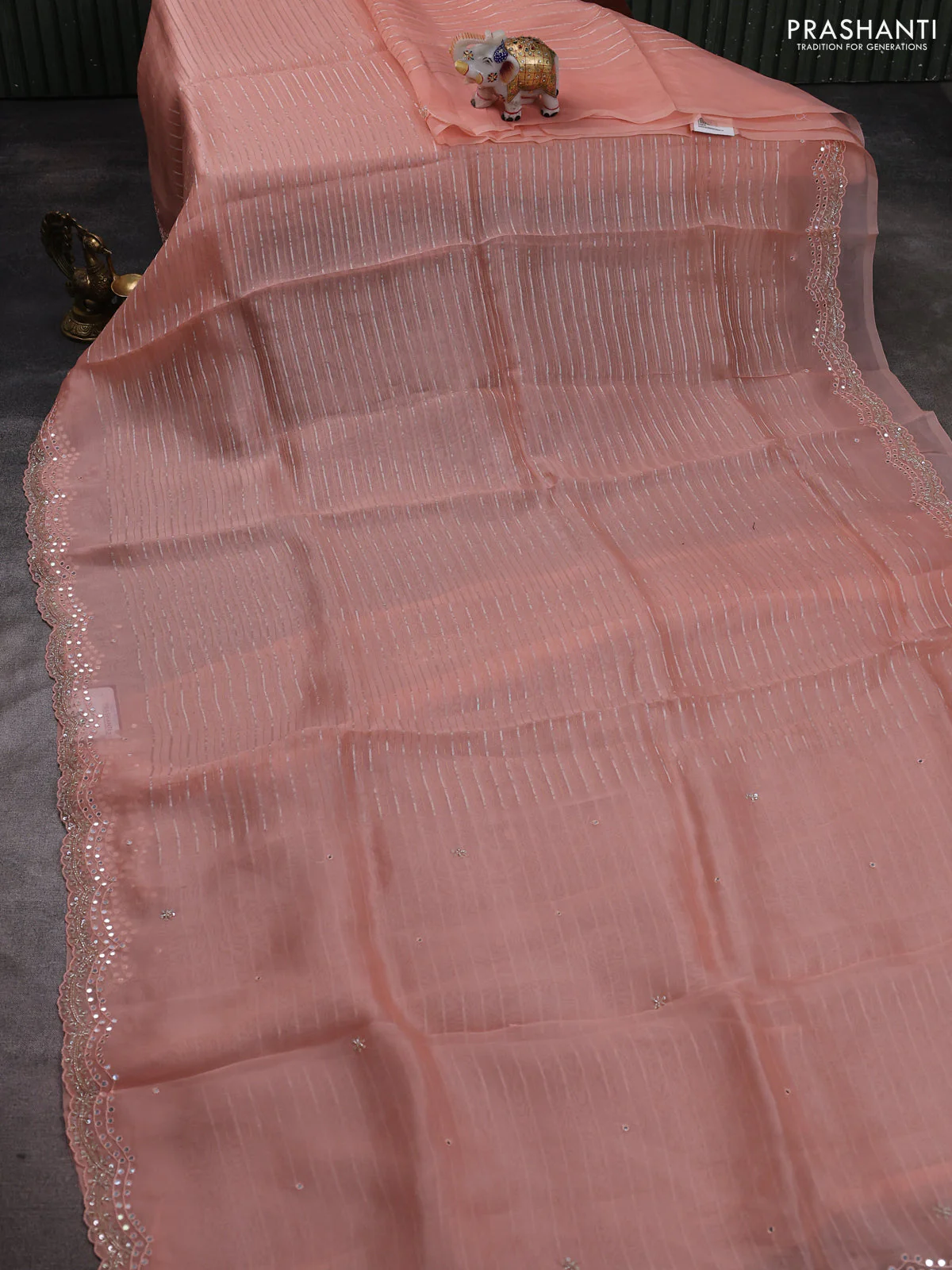 Pure organza silk saree peach orange with allover zari weaves and sequin mirror work border - Image 2