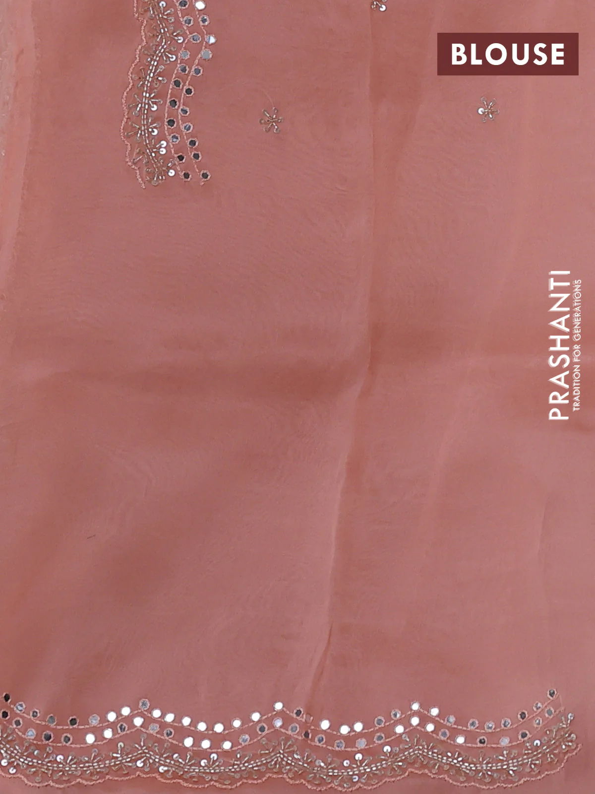 Pure organza silk saree peach orange with allover zari weaves and sequin mirror work border - Image 3