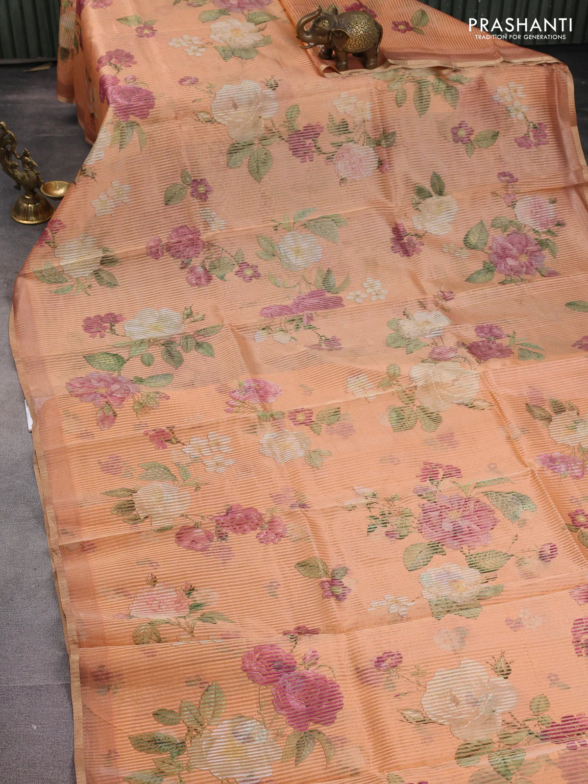 Pure organza silk saree peach orange with floral digital prints & zari stripe pattern and zari woven piping border - Image 2