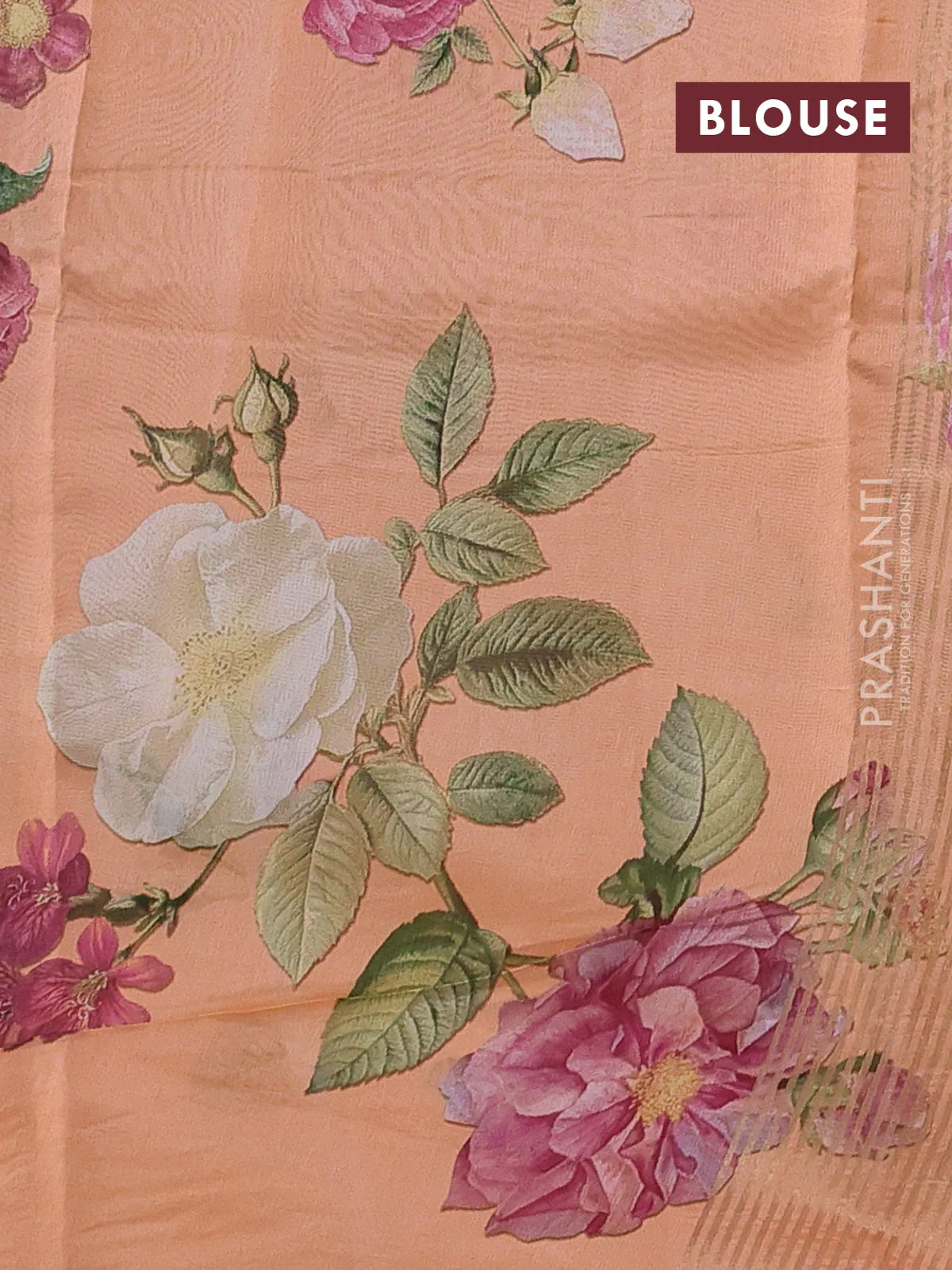Pure organza silk saree peach orange with floral digital prints & zari stripe pattern and zari woven piping border - Image 3