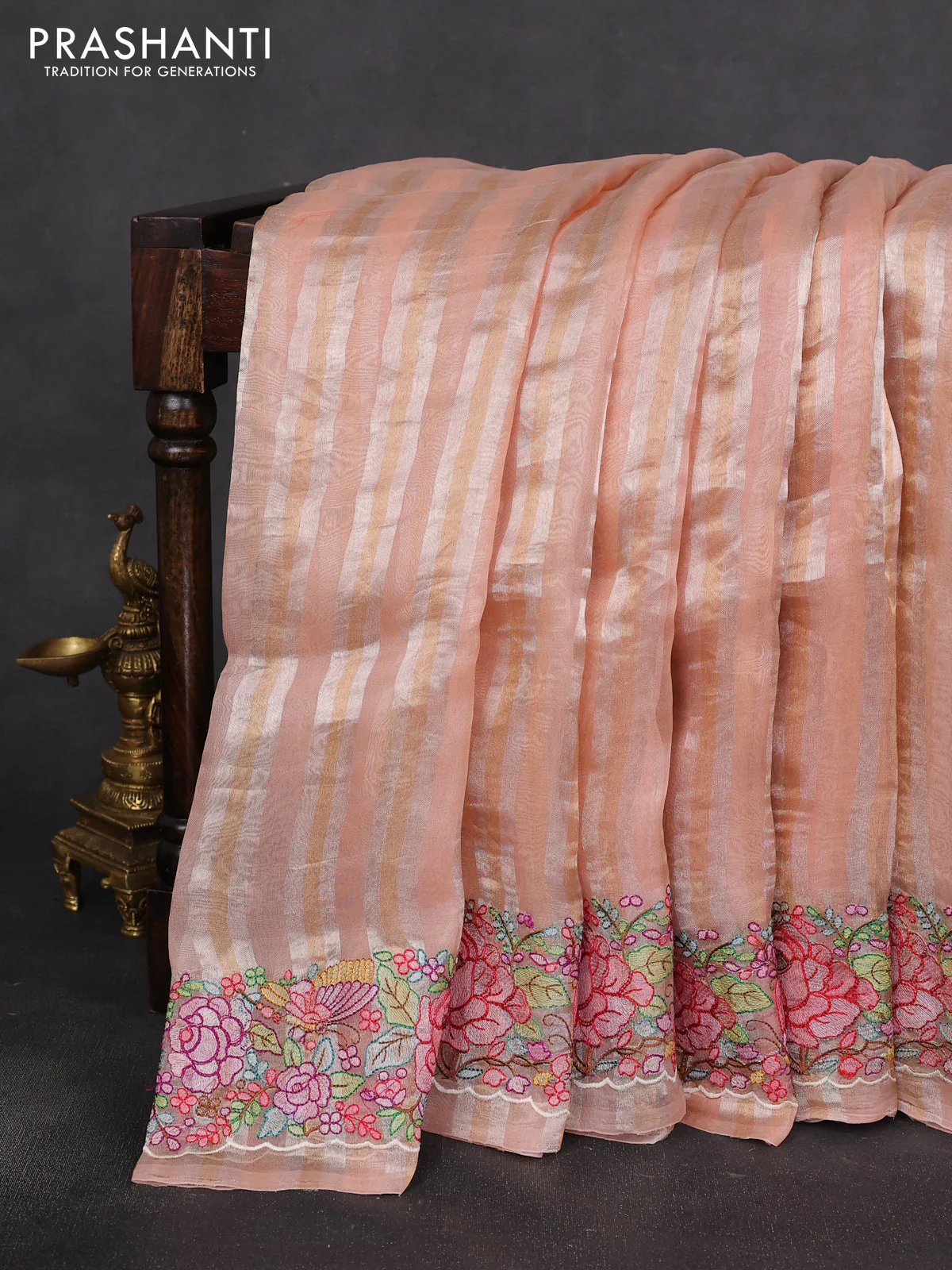 Pure organza silk saree peach pink with allover silver & gold stripes pattern and embroidered border