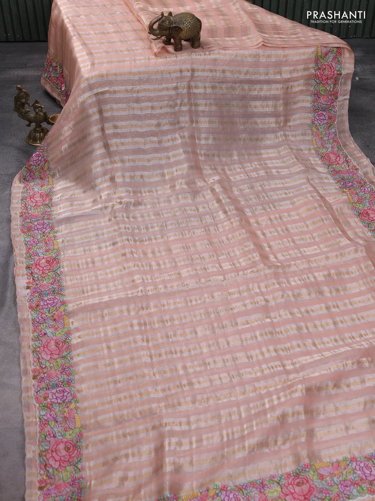 Pure organza silk saree peach pink with allover silver & gold stripes pattern and embroidered border - Image 2
