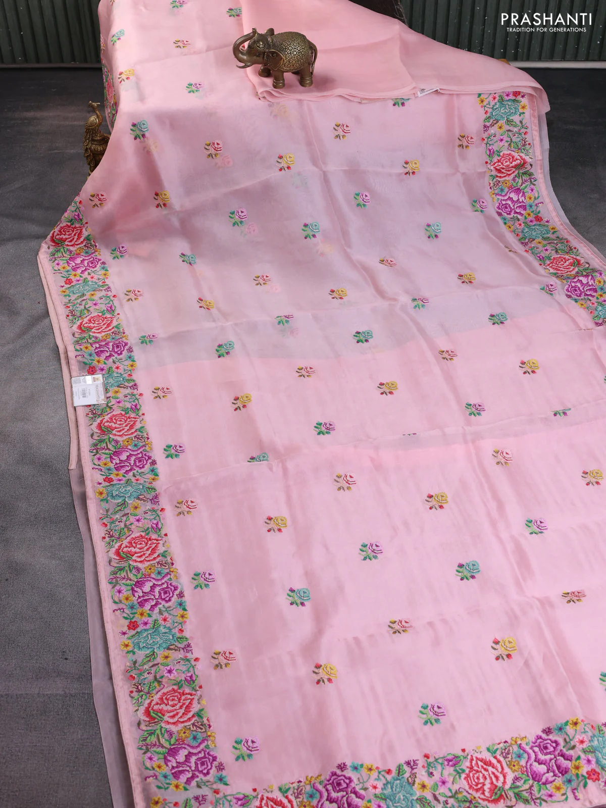 Pure organza silk saree peach pink with embroidery buttas and convent embroidery border - Image 2