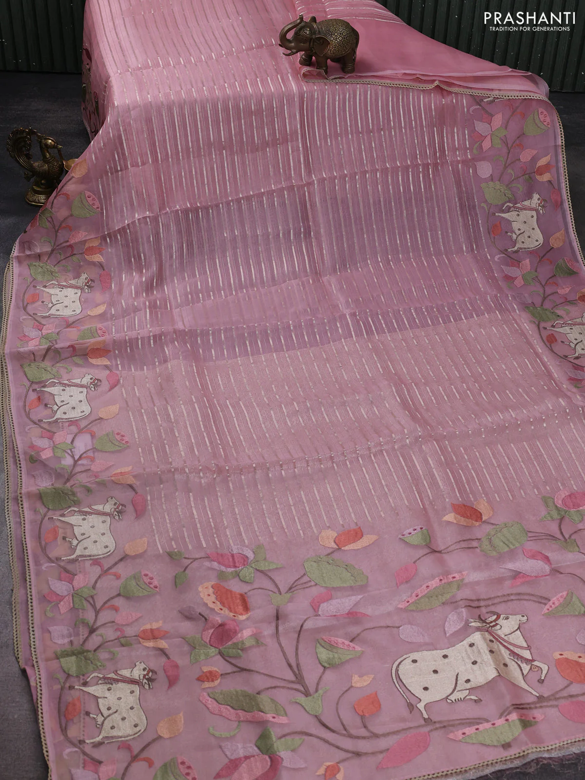 Pure organza silk saree peach shade with allover silver zari weaves and pichwai embroidery border - Image 2